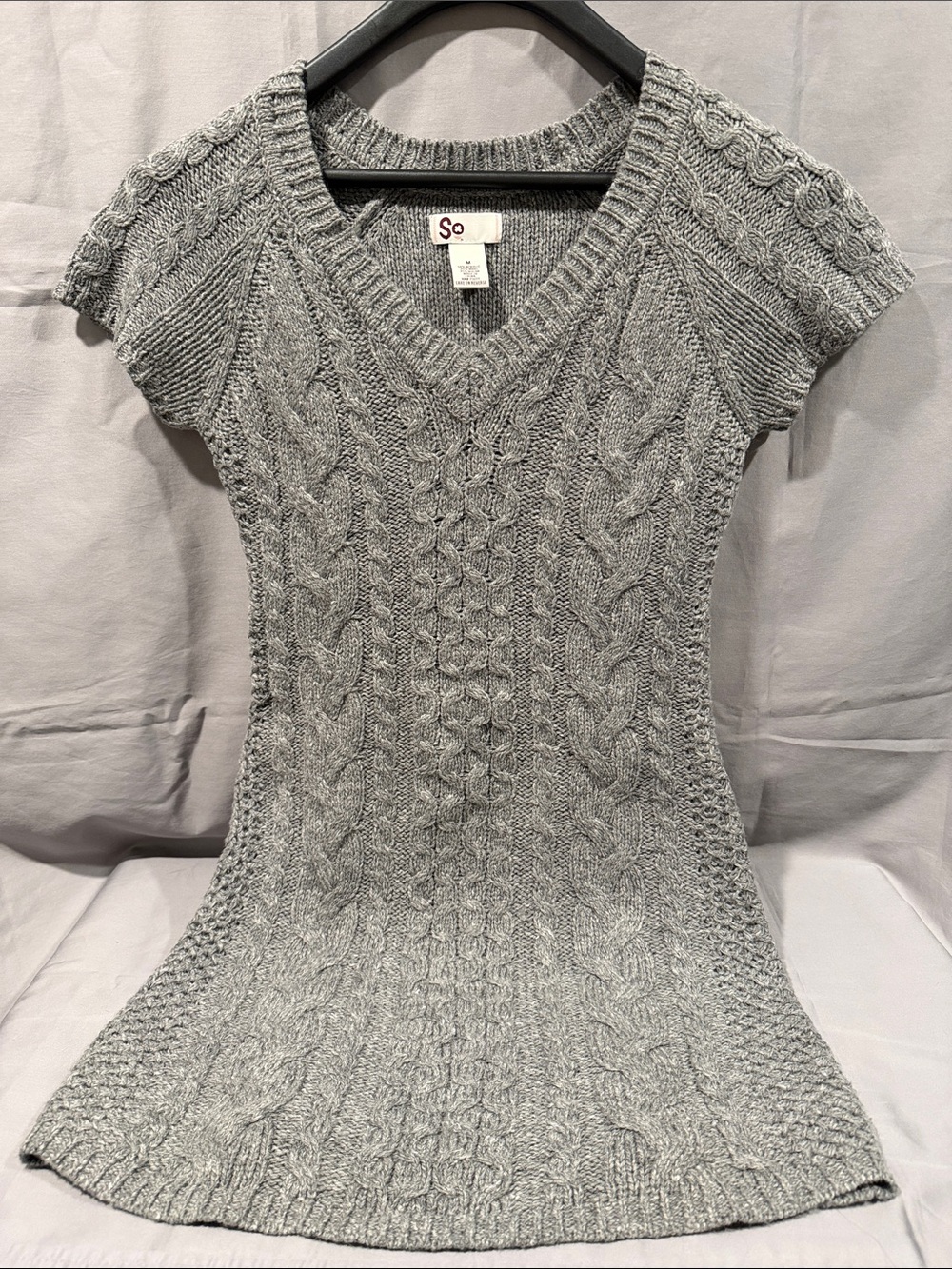 SO Light Gray Cable Knit V-Neck Short-Sleeve Sweater Dress